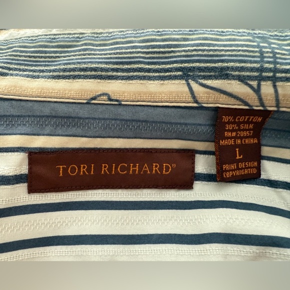 Tori Richard Aloha Hawaiian Blue & Tan Striped Floral Shirt Men L Large - Picture 4 of 5